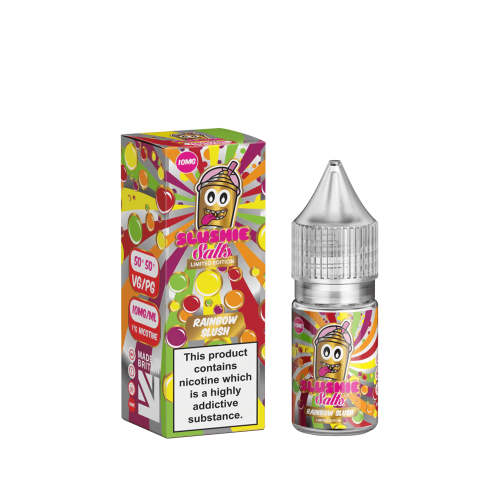 Slushie Salts Rainbow Slush e-liquid with colourful packaging and a 10ml bottle.