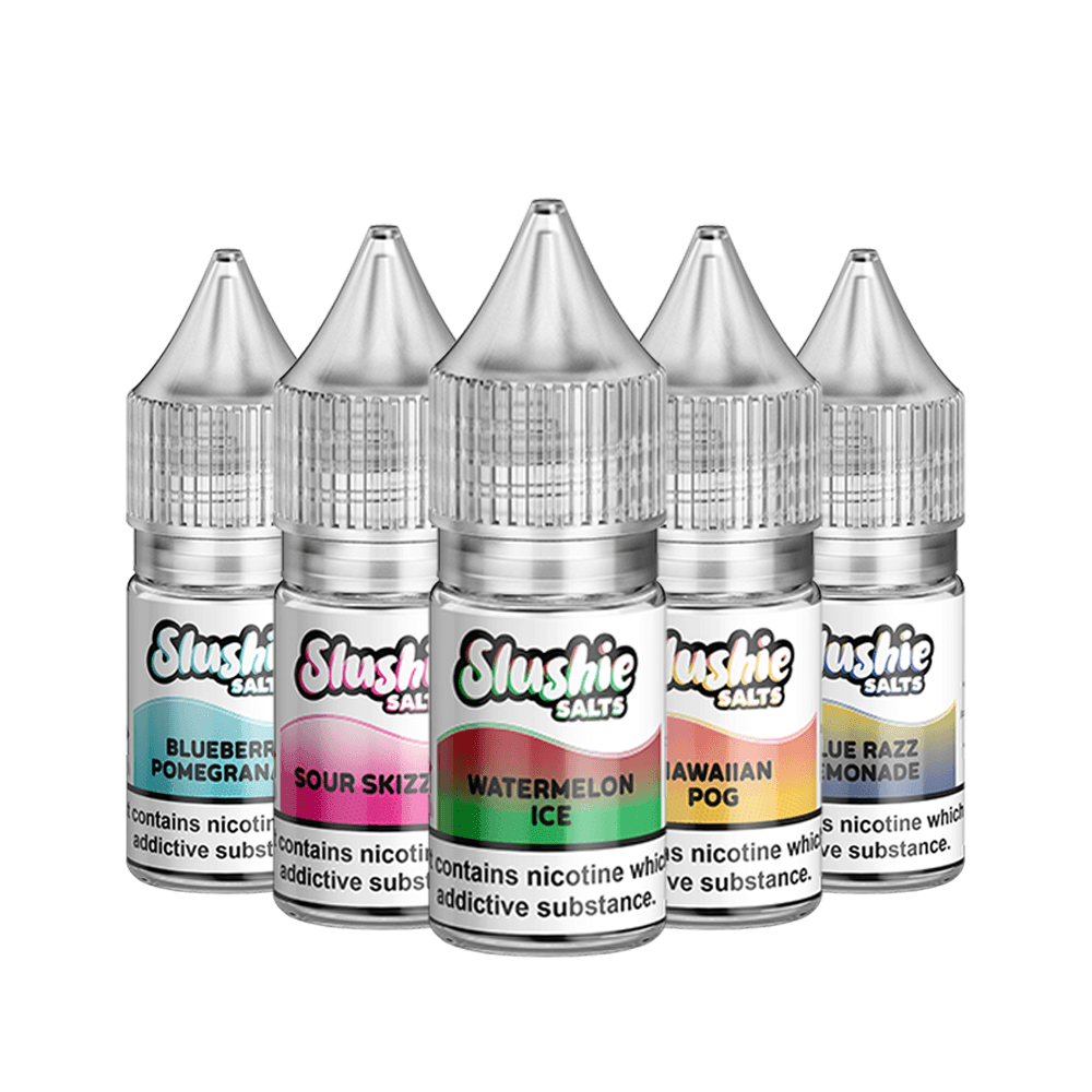 Five Slushie Salts vape juice bottles: Blueberry Pomegranate, Sour Skittlez, Watermelon Ice, Hawaiian Pog, Blue Razz Lemonade.