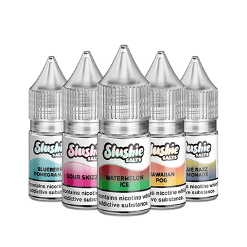 Five Slushie Salts vape juice bottles: Blueberry Pomegranate, Sour Skittlez, Watermelon Ice, Hawaiian Pog, Blue Razz Lemonade.