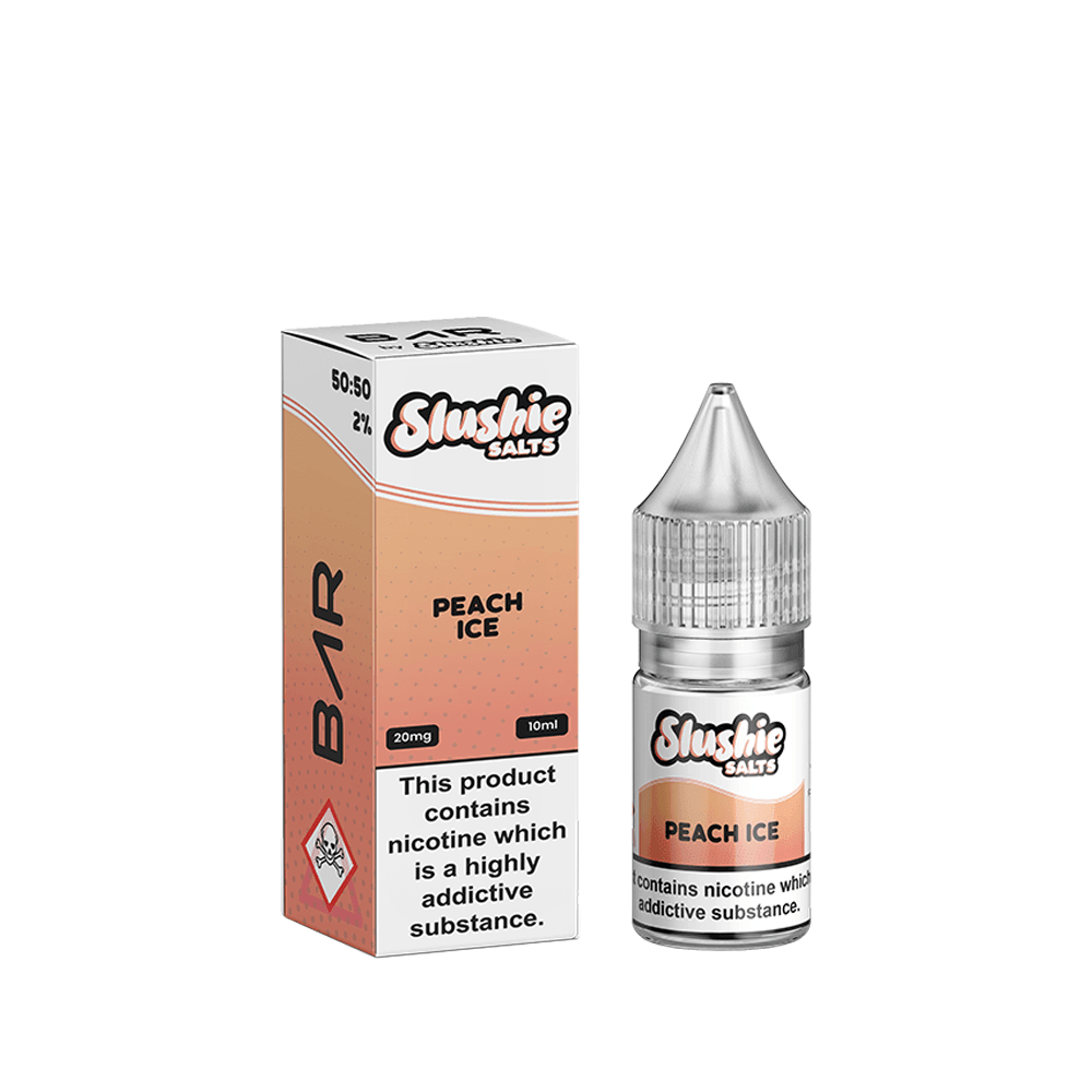 Slushie Salts Peach Ice 10ml e-liquid bottle and box with nicotine warning label.