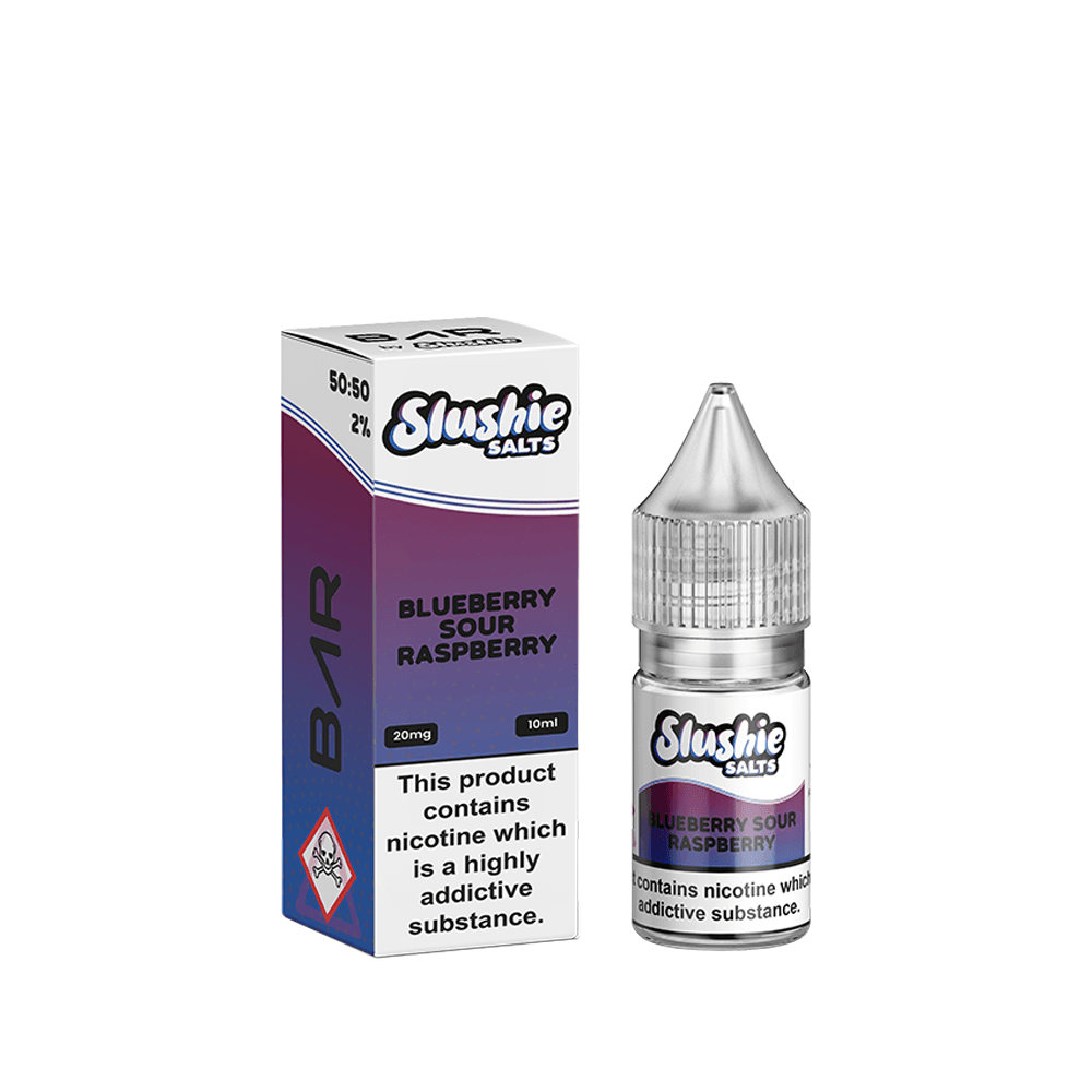 Slushie Salts Blueberry Sour Raspberry vape juice bottle and box with nicotine warning.