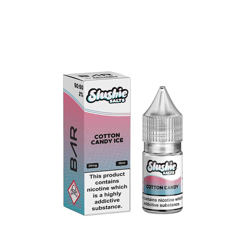 Slushie Salts Cotton Candy Ice e-liquid bottle and box with nicotine warning.