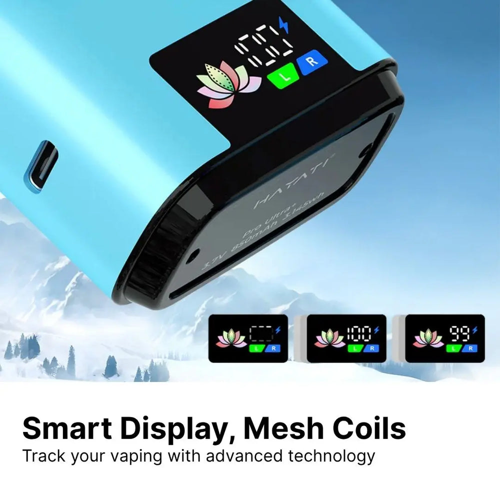 Hayati Pro Ultra Plus smart LED display showing battery level and dual tank status with advanced mesh coil technology for tracking your vaping experience