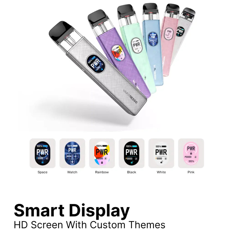 Vaporesso XROS 5 pod vape kit in multiple colors showing smart HD display with custom themes - Space, Watch, Rainbow, Black, White, and Pink colour options available