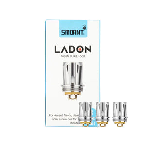 Smoant Ladon replacement 0.16 ohm mesh box and coils, silver with gold accents, for vaping devices.