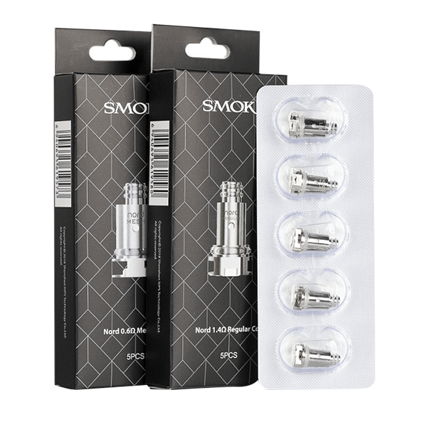 Two SMOK Nord coil packs and a blister pack with five replacement coils.