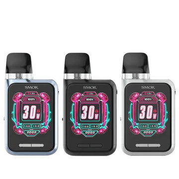 Three SMOK Novo GT Box Pod Kits with digital displays showing 30W power settings.