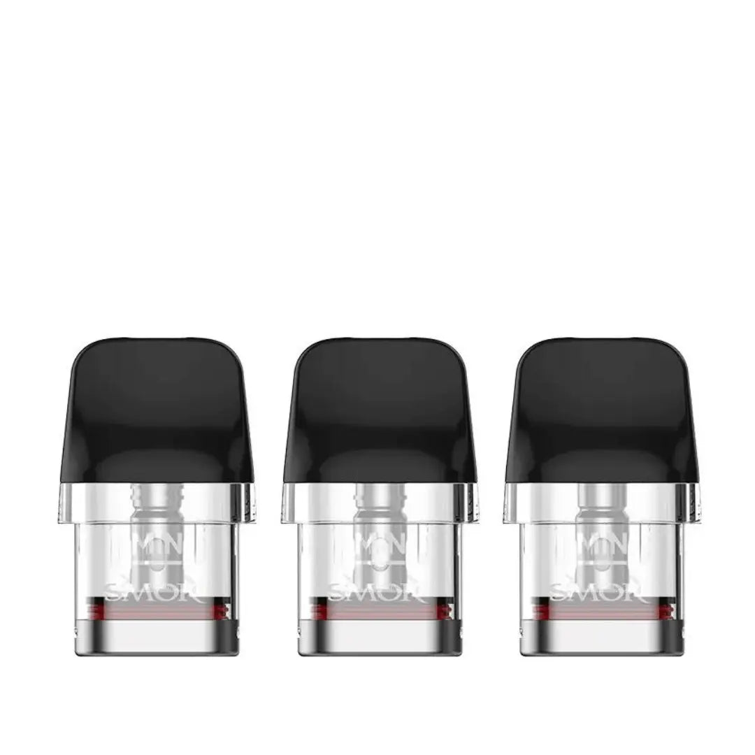 Three SMOK Novo M replacement pods with black caps and transparent bodies.