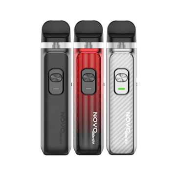 Three SMOK Novo Master Pod Kits in black, red, and silver, displayed upright.