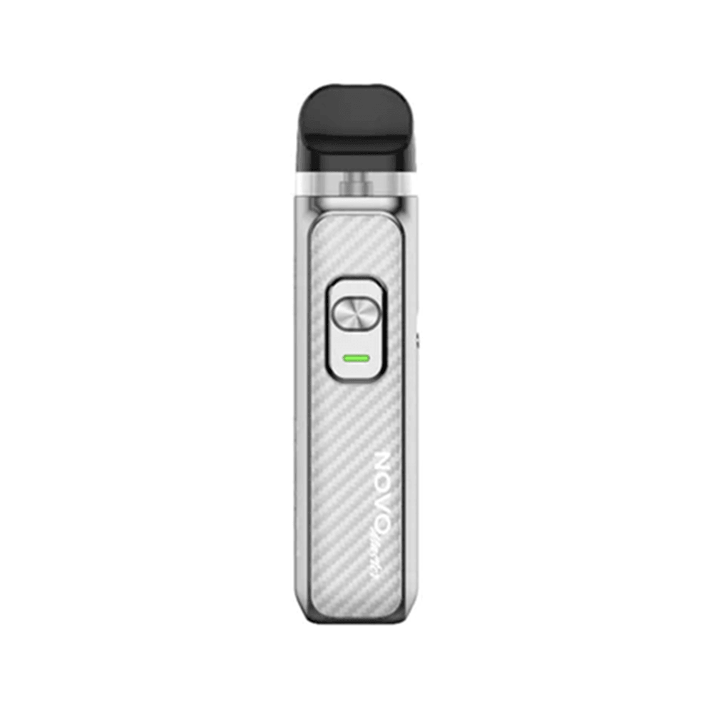 SMOK Novo vape pod kit in silver with carbon fibre design, featuring a central button.