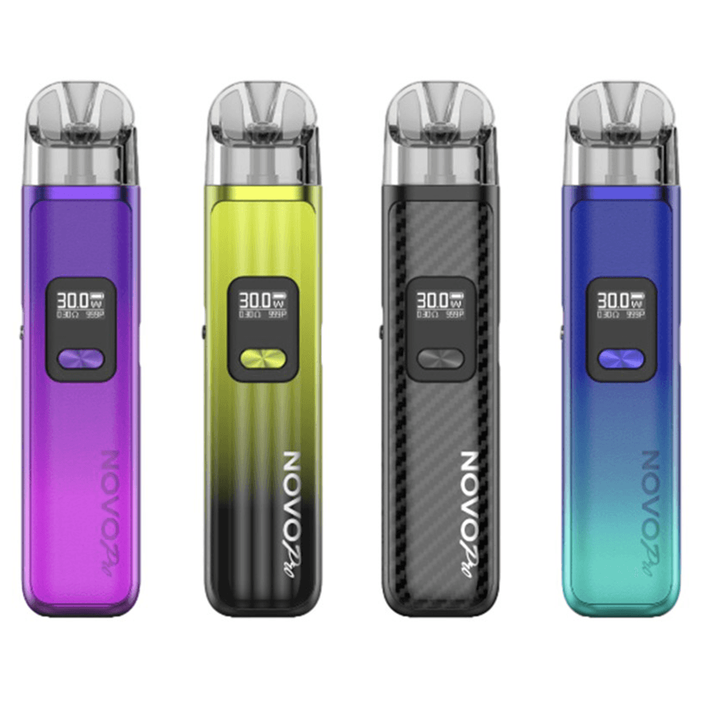 Four Smok Novo 2 Pro pod kits in purple, yellow, black, and blue, featuring a digital display.