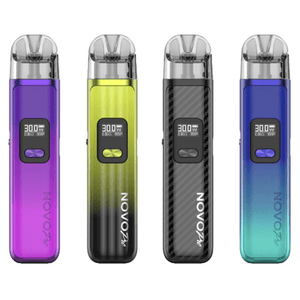 Four Smok Novo 2 Pro pod kits in purple, yellow, black, and blue, featuring a digital display.