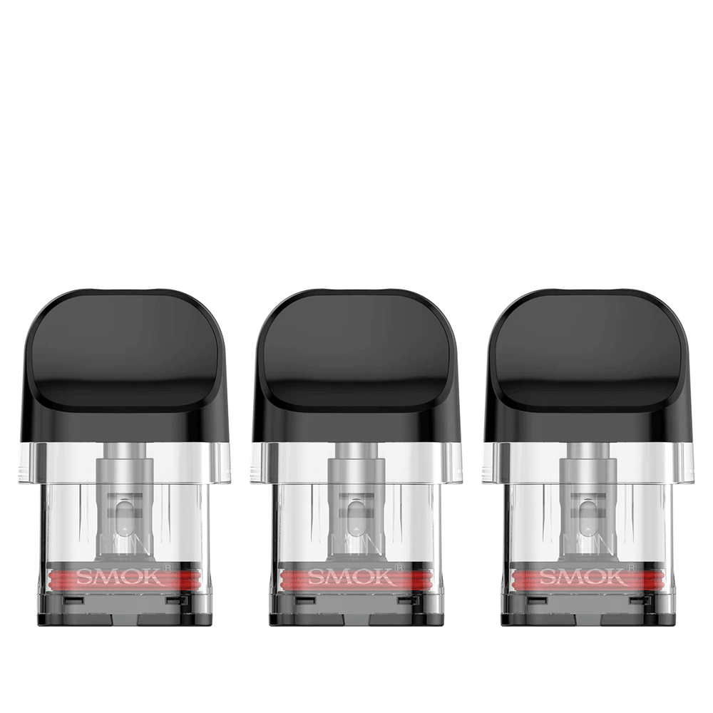 Three SMOK Novo replacement pods with black mouthpieces and clear bodies.