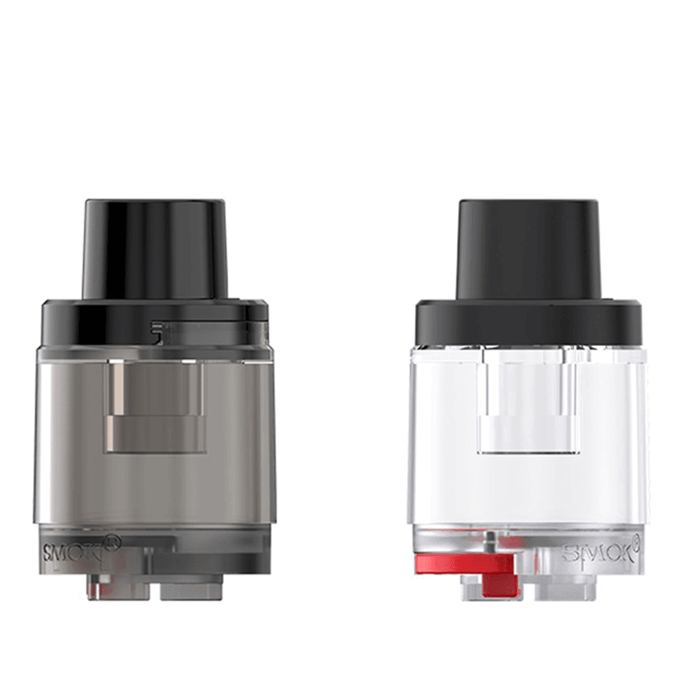 Two SMOK RPM 85/100 replacement pods, one black and one clear, on a white background.