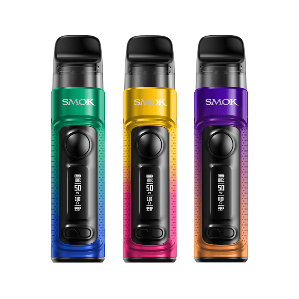 Three SMOK RPM C pod kits in green, yellow, and purple displayed against a white background.