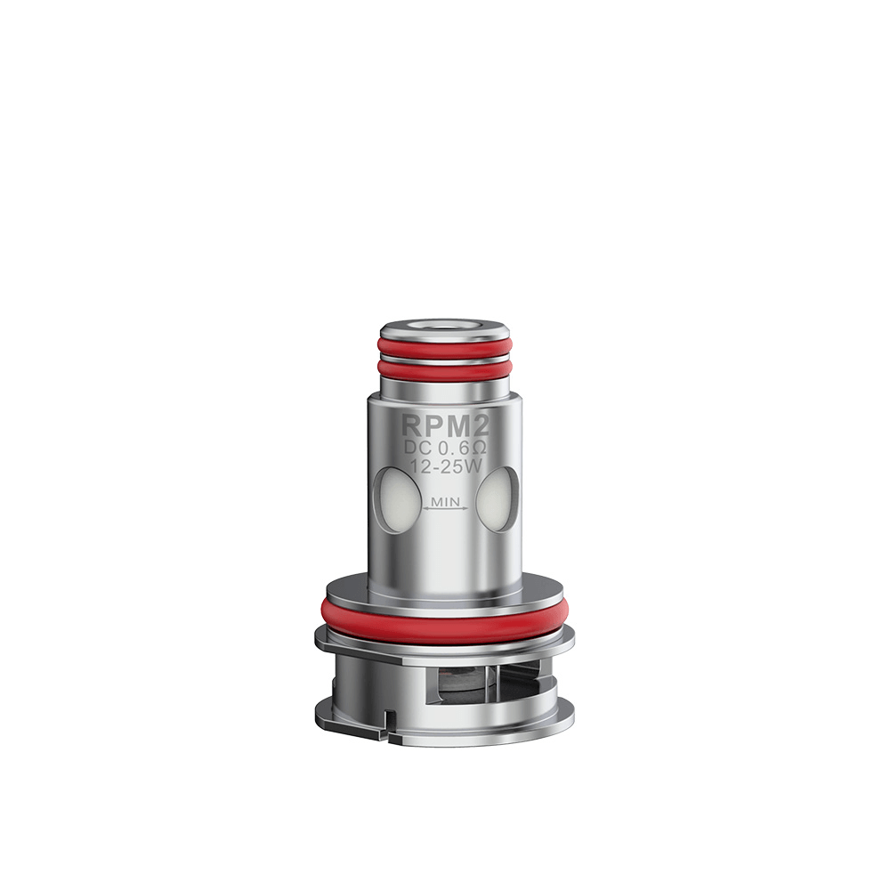 SMOK RPM2 replacement coil with red o-rings and labelled wattage range.