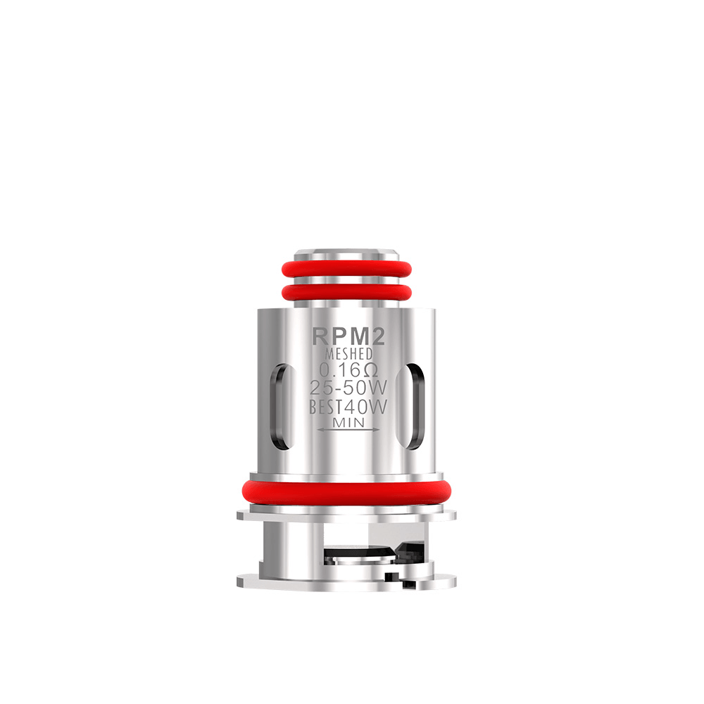 SMOK RPM2 replacement coil with red O-rings and wattage details.