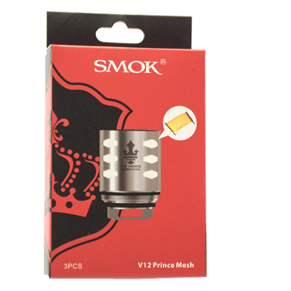 Red SMOK box with V12 Prince Mesh coil image, pack of three, crown logo visible.