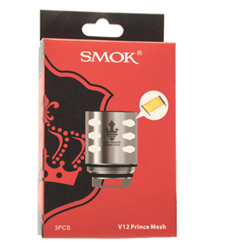 Red SMOK box with V12 Prince Mesh coil image, pack of three, crown logo visible.