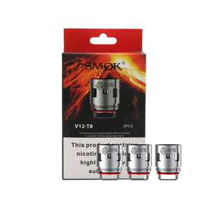 SMOK V12-T8 box and coils with red accents and engraved logo.