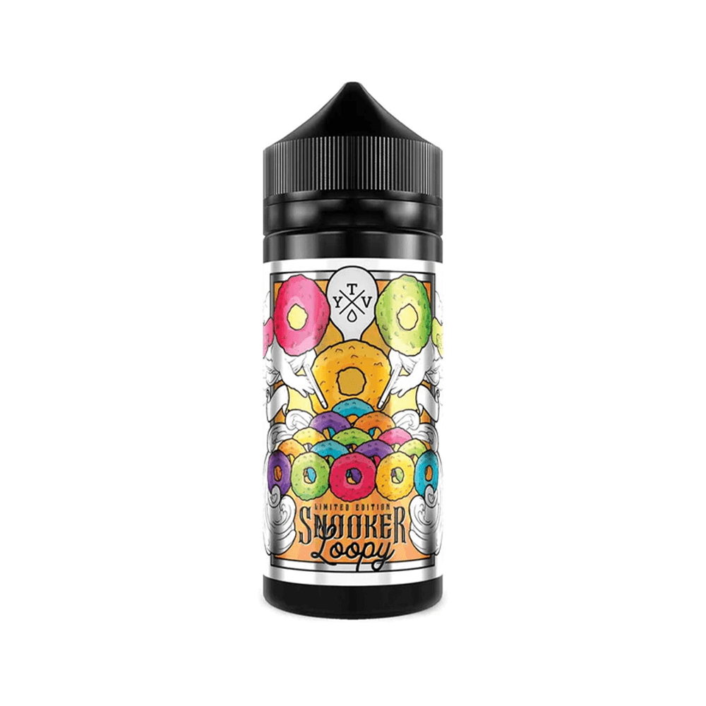 Colourful "Snooker Loopy" vape juice bottle with vibrant doughnut design.