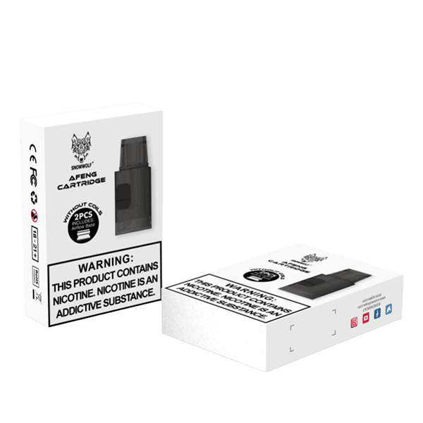 Snowwolf Afeng Cartridge box with nicotine warning, featuring a black pod image.