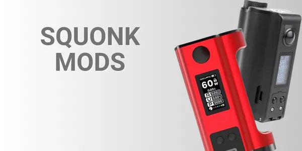 Dovpo Topside squonk mods in red and black finishes, featuring digital wattage displays and internal e-liquid squeeze bottles.