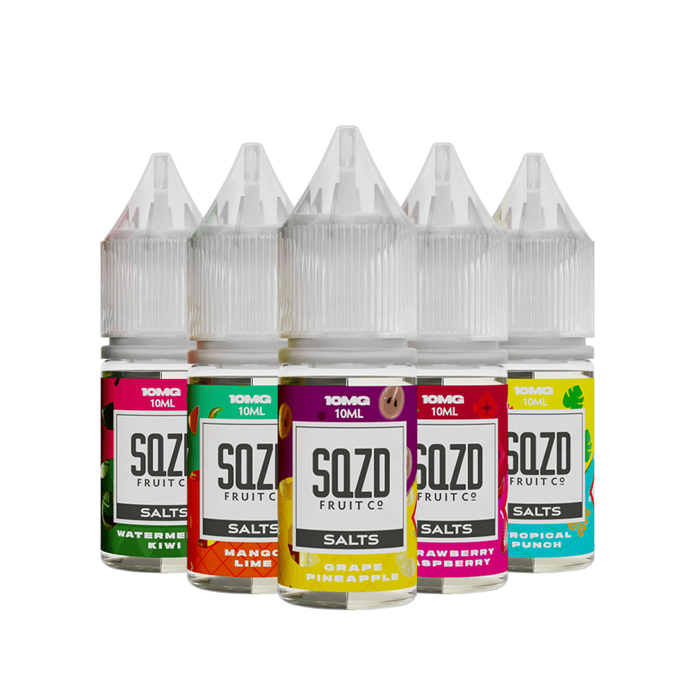 Five SQZD Fruit Co Salts 10ml bottles: Watermelon Kiwi, Mango Lime, Grape Pineapple, Strawberry Raspberry, Tropical Punch.