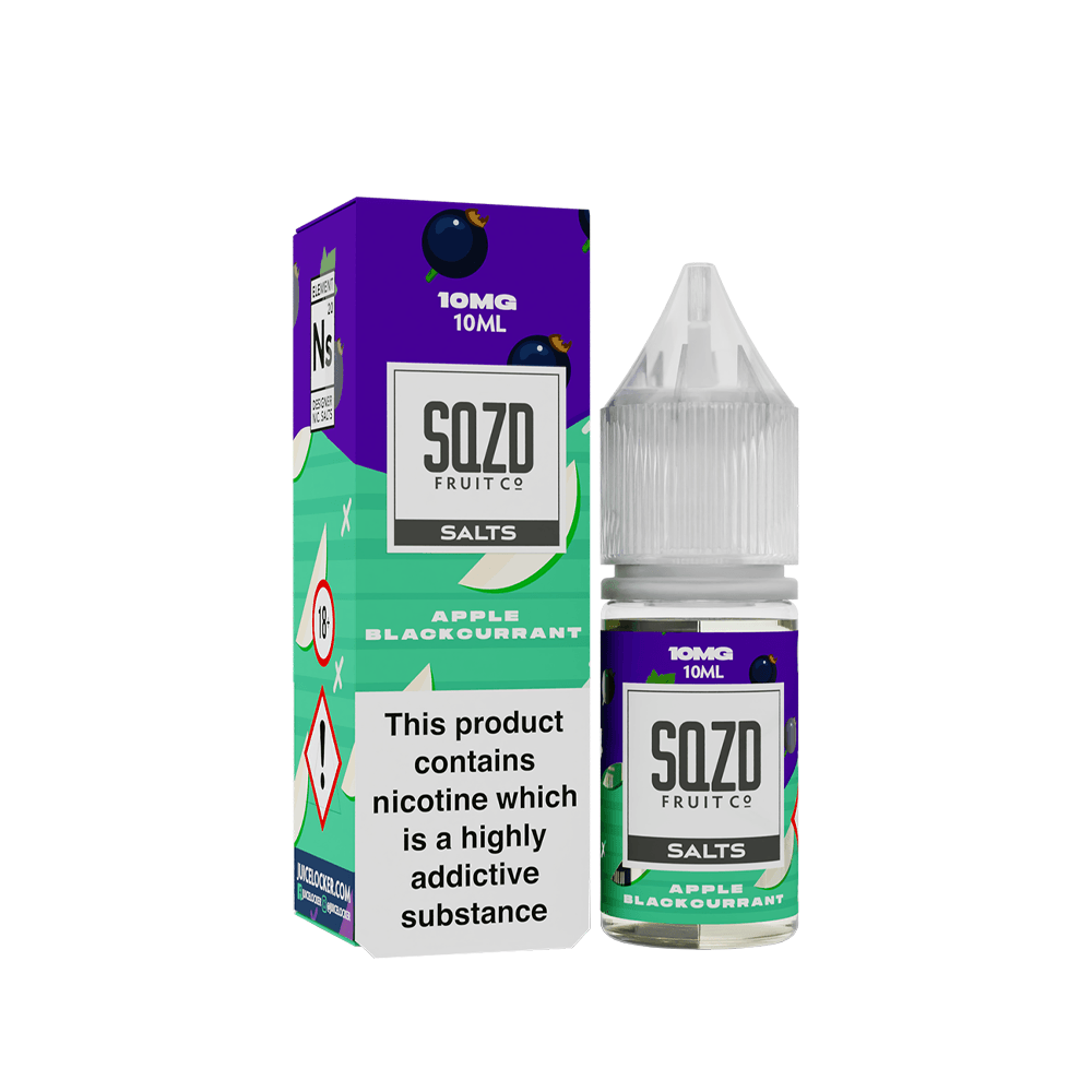 SQZD Fruit Co Apple Blackcurrant 10ml Nicotine Salt bottle and box on a white background.