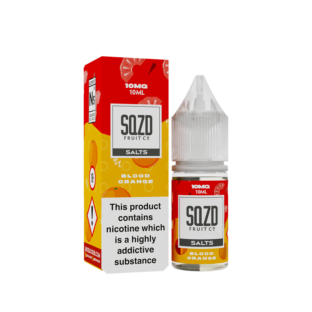 SQZD Fruit Co Blood Orange 10ml vape juice bottle and box with nicotine warning.