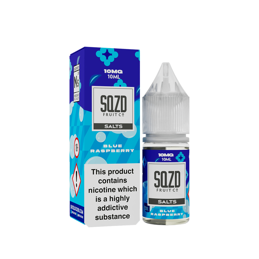 SQZD Fruit Co Blue Raspberry 10ml vape juice bottle and box, 10mg nicotine salt.