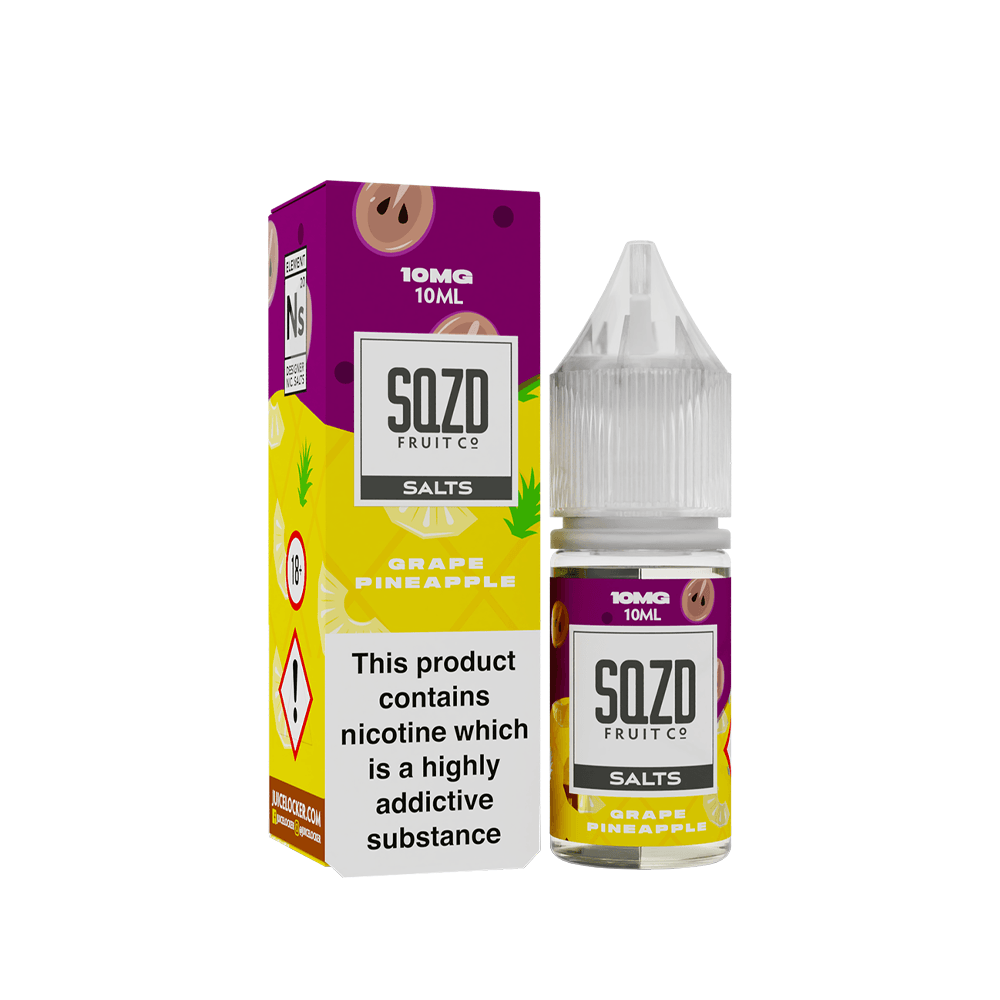 SQZD Fruit Co Grape Pineapple 10ml vape juice bottle and box with nicotine warning label.