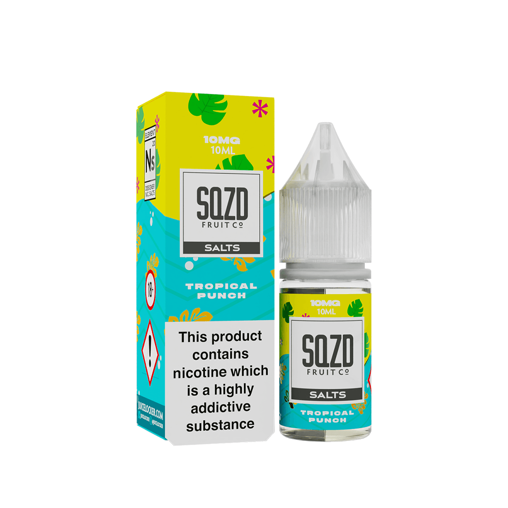 SQZD Fruit Co Tropical Punch 10ml Salts e-liquid bottle and box, with nicotine warning label.