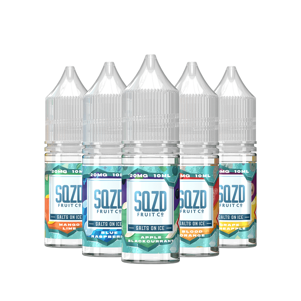 SQZD Fruit Co Salts On Ice e-liquid bottles, flavours include Mango Lime and Blue Raspberry.