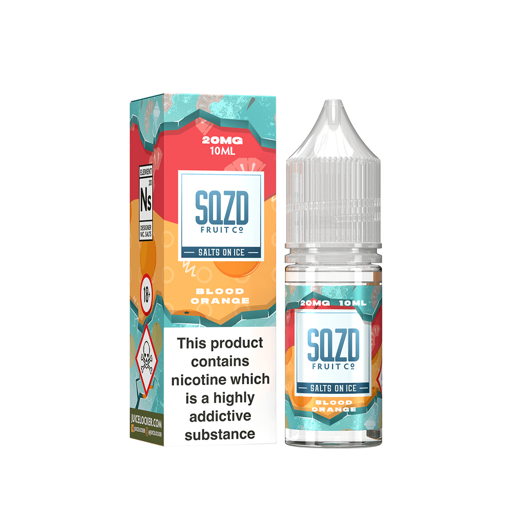 SQZD Fruit Co Blood Orange vape juice box and bottle, 20mg, 10ml, with nicotine warning.