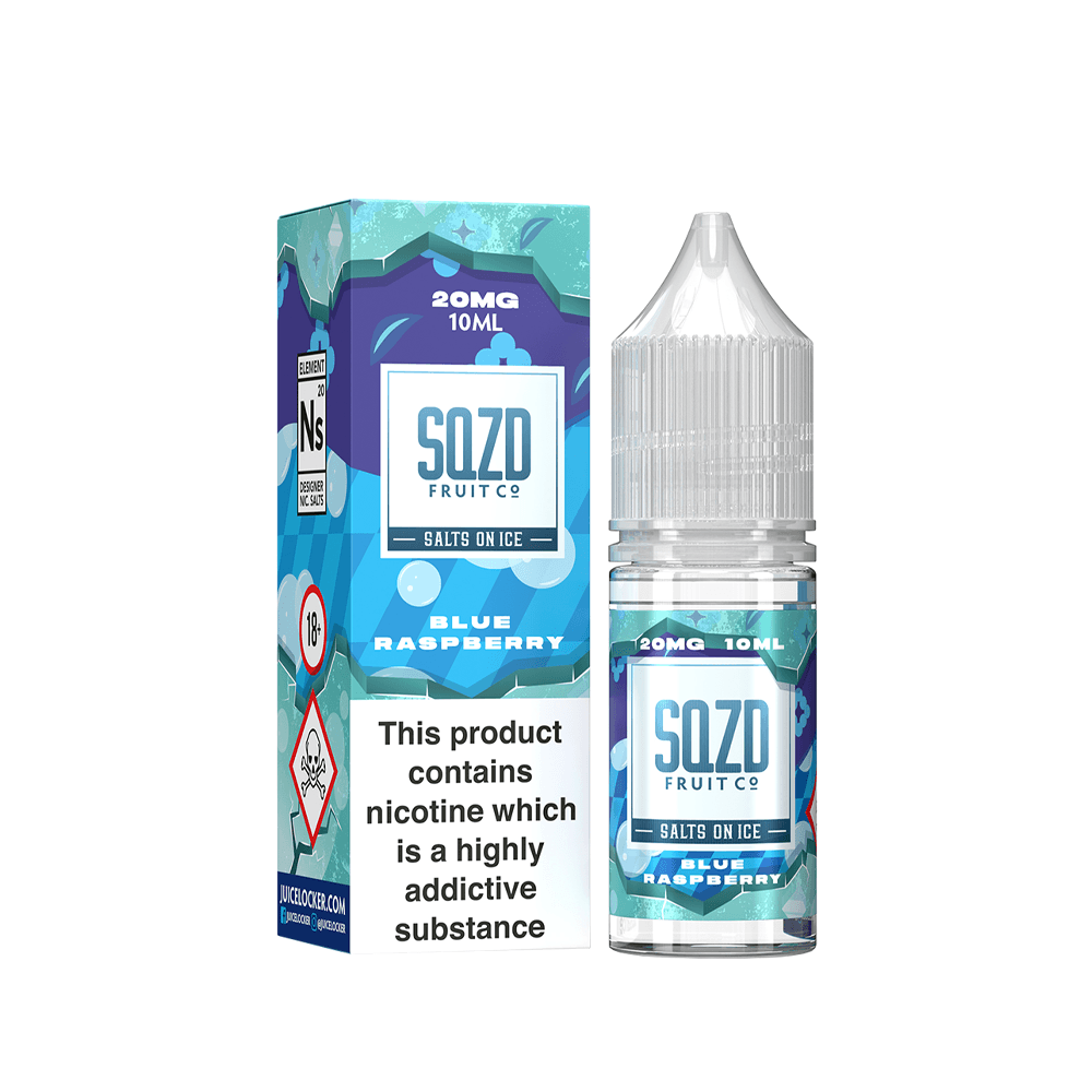 SQZD Fruit Co Blue Raspberry Salts on Ice 10ml bottle and box with nicotine warning.