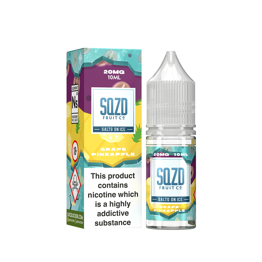 SQZD Fruit Co Grape Pineapple 10ml vape juice bottle and box, displaying nicotine warning.