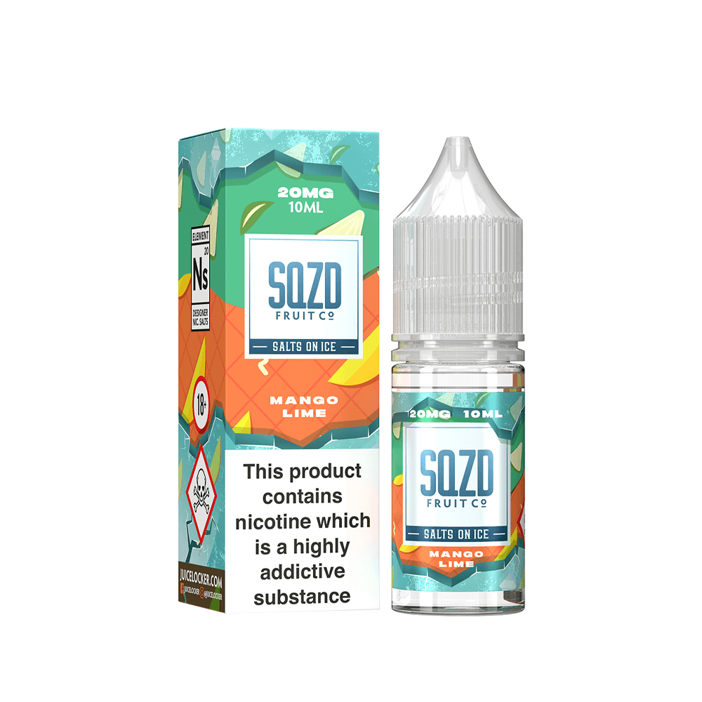 SQZD Fruit Co Mango Lime Salts on Ice 10ml bottle and box with nicotine warning.