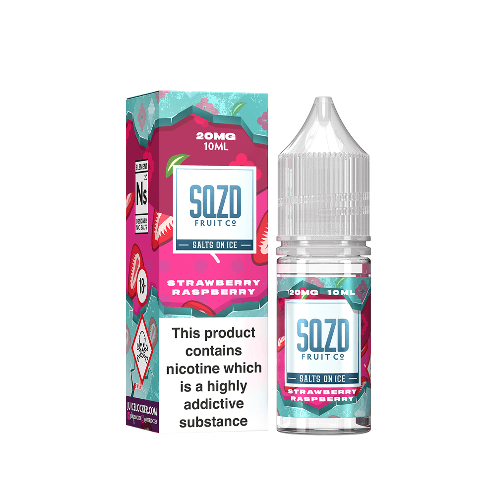 SQZD Fruit Co Salts on Ice, Strawberry Raspberry flavour, 20mg 10ml e-liquid bottle and box.