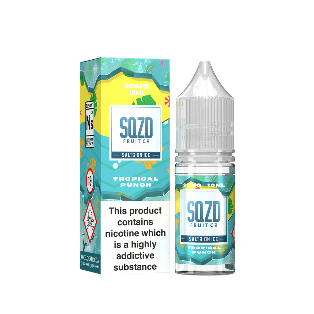 SQZD Fruit Co Tropical Punch 10ml vape juice bottle and box with a warning label.