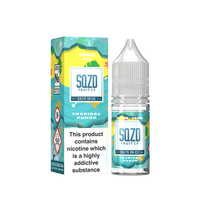 SQZD Fruit Co Tropical Punch 10ml vape juice bottle and box with a warning label.