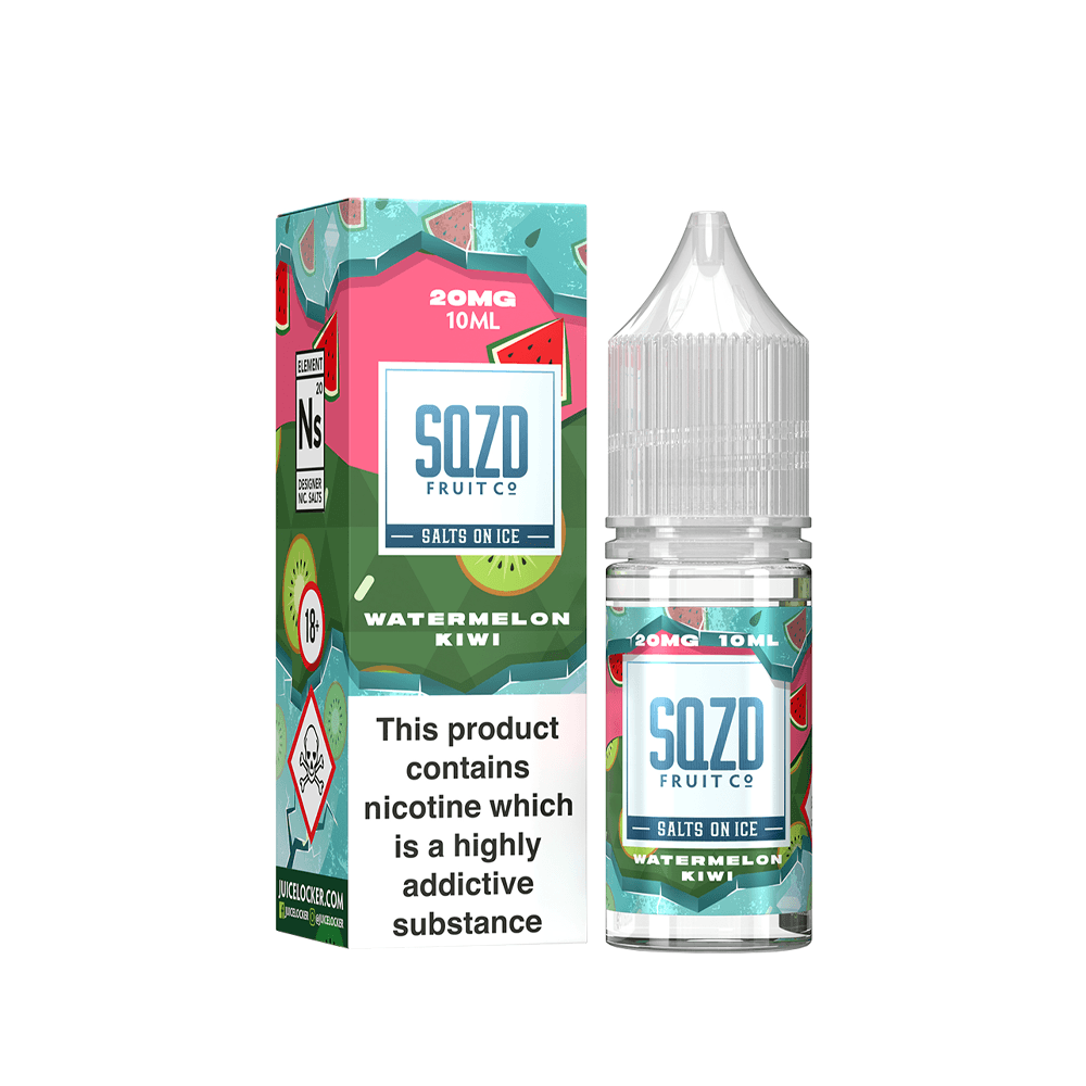 SQZD Fruit Co Salts on Ice 10ml bottle with Watermelon Kiwi flavour packaging.