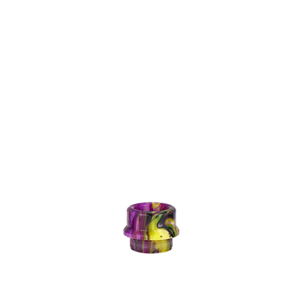 Colourful 810 drip tip with purple and yellow swirls on a white background.