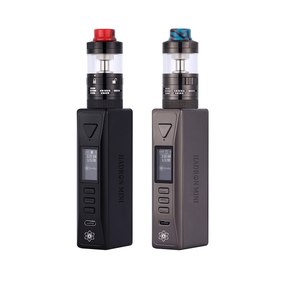 Two Hadron Mini DNA100C vape kits in black and grey with digital displays and colourful drip tips.