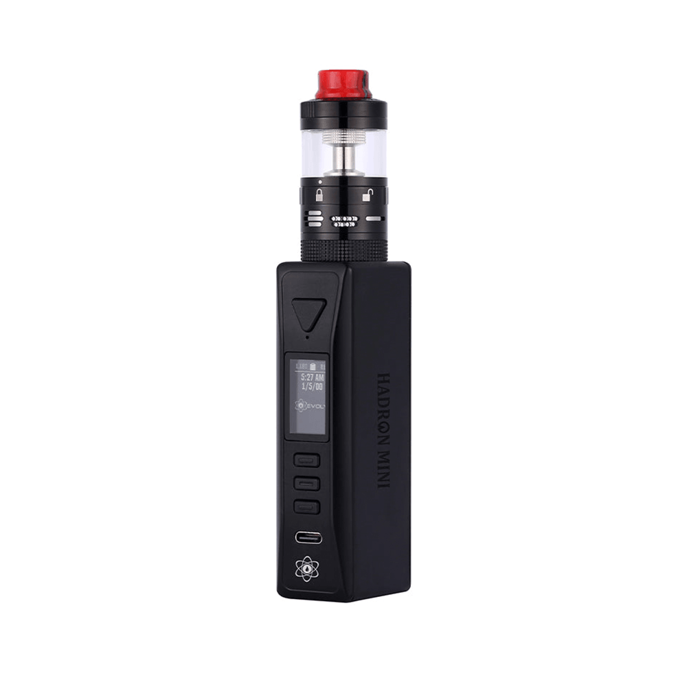 Steam Crave Hadron Mini DNA100C vape kit, black with red accents, side view.