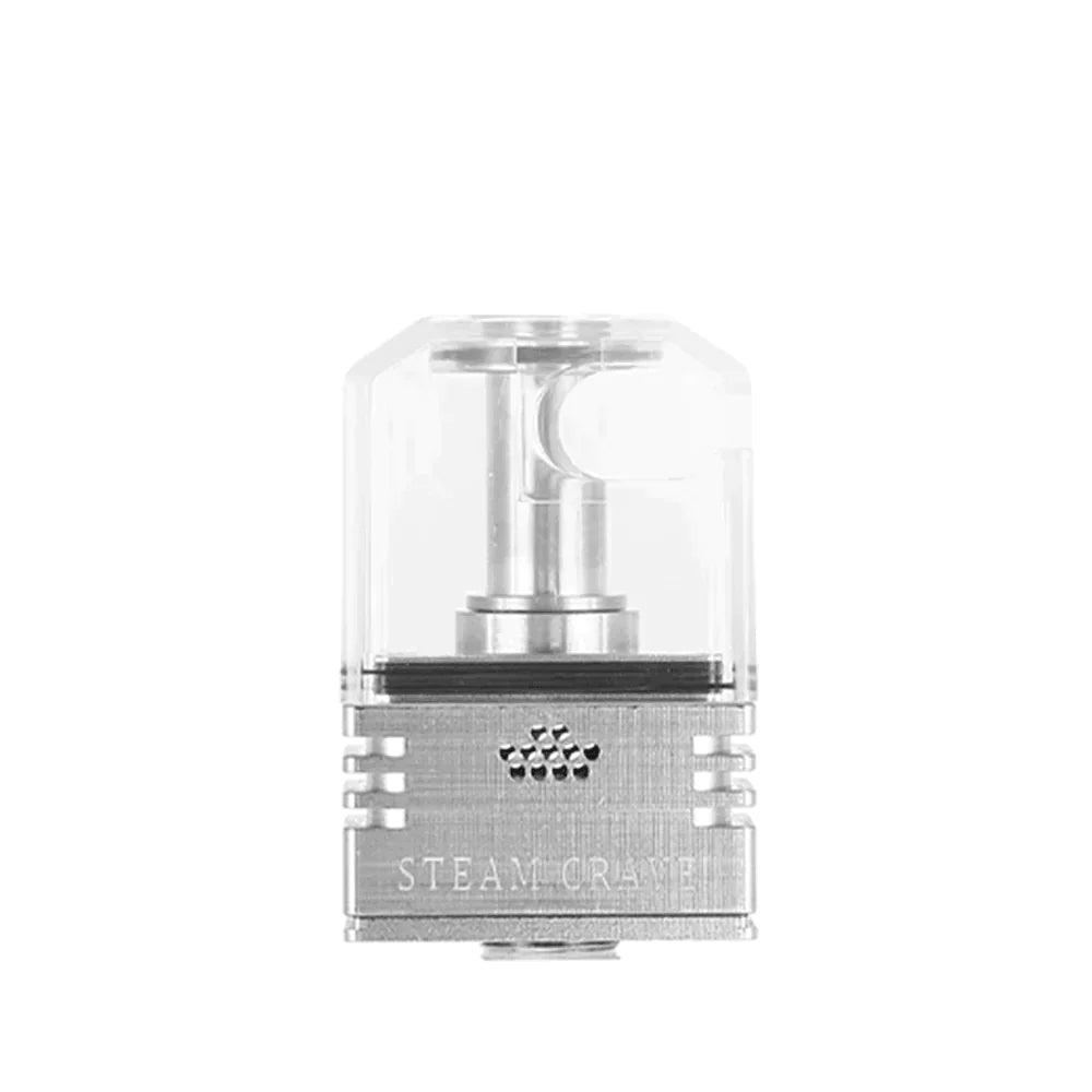 Steam Crave Meson AIO Boro Tank, transparent top, metallic base, branded front.