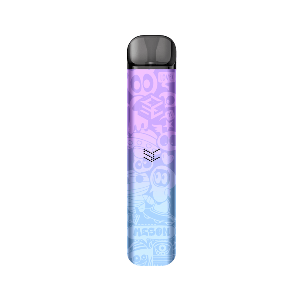 Colourful vape pod with cartoon graphics and gradient design.