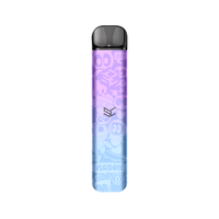 Colourful vape pod with cartoon graphics and gradient design.