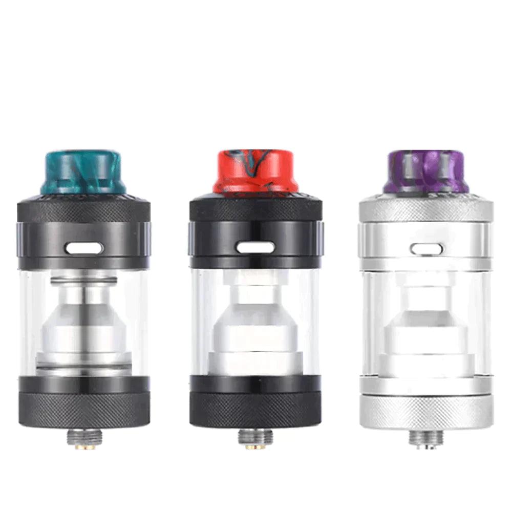 Three Steam Crave Meson RTAs in black, red, and silver with colourful drip tips.