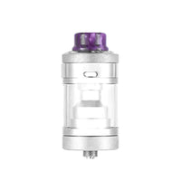 Silver Steam Crave Meson RTA with purple drip tip, transparent tank section.